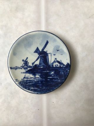 Vintage Miniature Delft Blauw Blue & White Plate Windmill 2 1/2 " Made In Holland