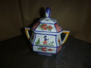 Vintage Hb Quimper France Maiden Flowers Hand Painted Sugar Bowl With Lid