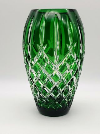 Estate Waterford Cut Crystal Araglin Prestige 7 " Emerald Green Cut To Clear Vase