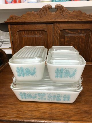 Set Of Four Vintage Pyrex Refrigerator Dishes Turquoise/ White - Butterprint