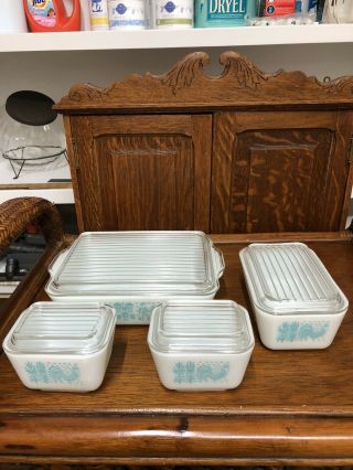 Set Of Four Vintage Pyrex Refrigerator Dishes Turquoise/ White - Butterprint 2