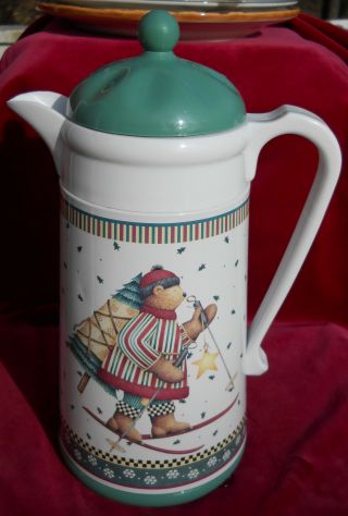 Debbie Mumm Sledding Characters Coffee Carafe Thermos Winter Holiday Green Red