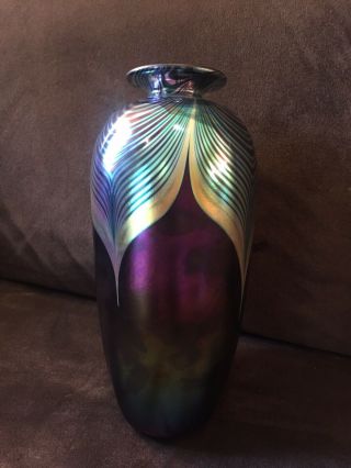 Stuart Abelman Iridescent Glass Pulled Feather Vase Tall Great Colors
