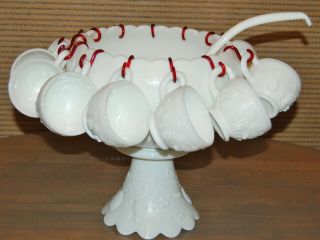 Westmoreland Milk Glass Punch Bowl Set With 12 Cups,  Ladle & Stand (near)