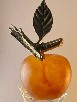 Daum France Pate De Verre Apple Paperweight W/ Golden Branch/leaf.  Perfect Cond
