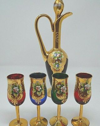A,  Murano Venetian 24k Gold Decanter & 4 Goblets Sherry Port Aperitifs Liqueurs