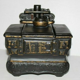Vtg Mccoy Pottery Ceramic Black Cookie Jar Wood Burning Stove Oven Made In Usa