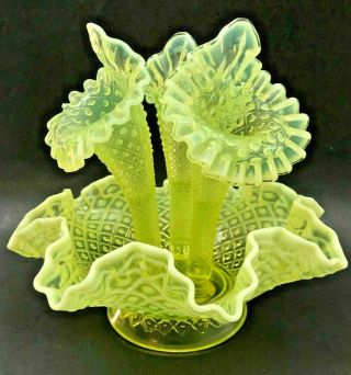 Fenton Art Glass: Diamond Lace Vaseline Topaz Epergne W Three Flower Horns