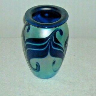 Signed Eickholt Art Glass Iridescent Pulled Feather Blue Vase 7 1/2 "