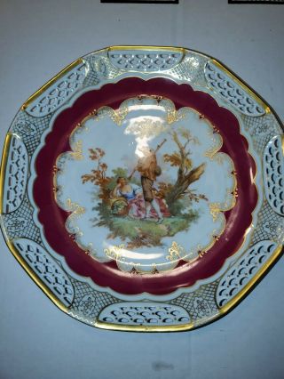 Schwarzenhammer Bavaria Red Gold Courting Couple 10 " Octagon Reticulated Plate