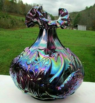 Fenton Glass Amethyst Carnival Embossed Swans/cattails Ruffle Edge 8 " Vase