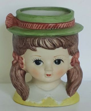 Vintage Ceramic Small Head Planter Little Girl Head Vase/planter Pigtails & Hat