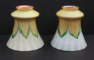 Signed Quezal Art Glass Pulled Feather Art Glass Shades Set Of 2