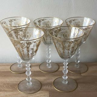 Set Of 5 Cambridge Diane Clear Gold Encrusted Water Goblets Or Wine Glasses