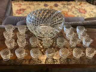 Vintage Huge Fostoria Punch Bowl Party Glass With Ladle,  22 Cups American Set