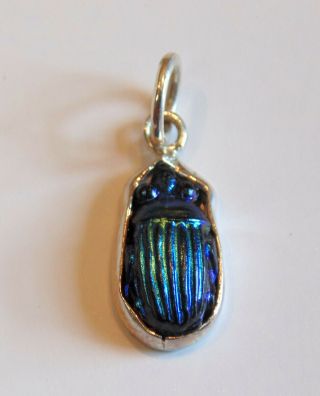 Ca: 1910 Lc Tiffany Cobalt Blue Favrile Art Glass Scarab Sterling Silver Pendant
