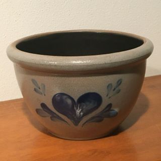 6 " Rim - Rowe Pottery Mixing Bowl / Dish Blue Heart Salt Glazed 4