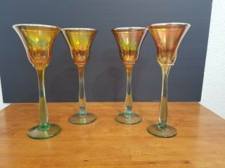 4 Signed Rick Strini Art Glass Gold Iridescent Wine Glasses Goblet 10 " Near