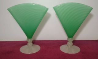 Steuben Fan Vases Green Jade And Alabaster Ribbed Shape 6287 Signed