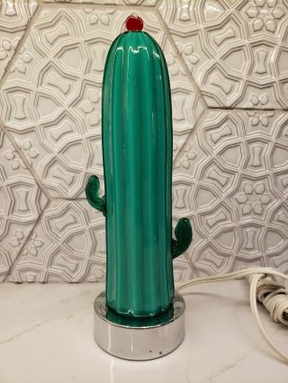 Vtg Blenko? Glass Chrome Hand Blown Saguaro Cactus Table Lamp Pop Art Postmodern