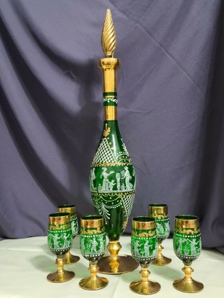 Vintage Mid Century Green Venetian Murano Italian Glass Decanter Cordial Set
