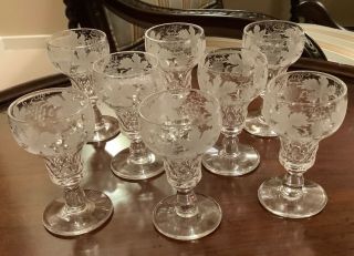 Set Of Eight 3” Cordial Glasses Val St.  Lambert Vignes Leaves & Grapes