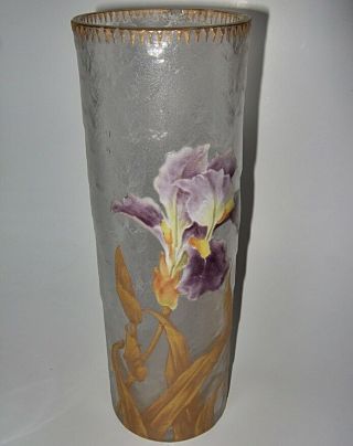 9.  75 " Mont Joye Legras France Art Nouveau Vase Enameled Purple Iris & Gold