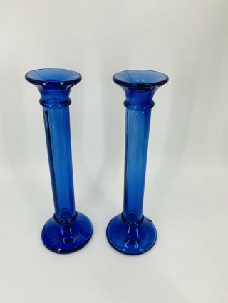 Vintage Cobalt Blue Glass Candlesticks Pair Made In Spain Candle Holders 12”