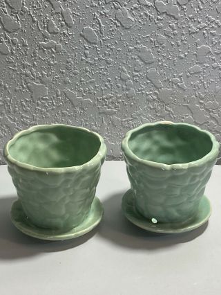 2 Vintage Mccoy Pottery Sage Green Pebble Flower Pot & Saucer 4.  5”