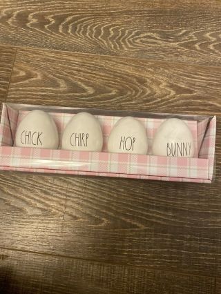 Rae Dunn Easter Ll " Chick  Chirp  Hop  Bunny " Set Of 4 Eggs Table Decoration