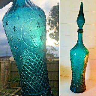 Large Vintage Moon & Stars Glass Genie Bottle 1960s Italian Empoli Decanter Teal
