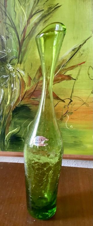 Vtg Mid Century Modern Blenko Signed Vase Green Crackle Glass Mcm Retro
