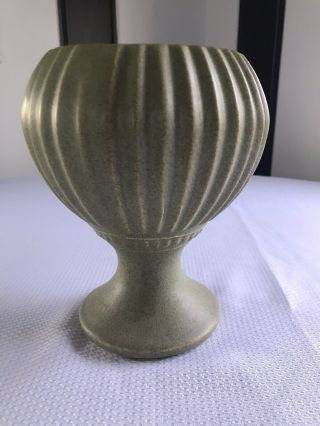 Vintage McCoy Floraline 407 Matte Green Ribbed Pedestal Planter Vase 6.  75” USA 2