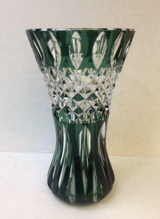 Signed Val St Lambert Emerald Green Cut To Clear Crystal 7 3/4” Vase