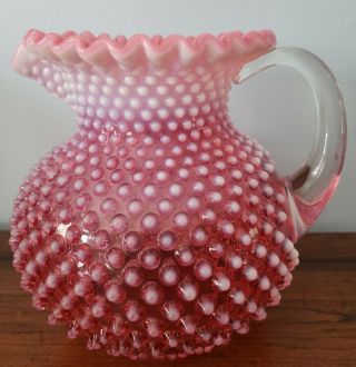 Fenton Glass Large Cranberry Opalescent Hobnail Pitcher 8.  75 " Tall