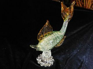 Murano Large Art Glass Fish Green And Amber With Silver Inclusions