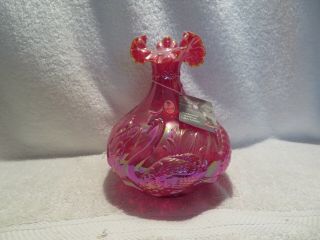 Fenton Art Glass Ruby (red) Carnival Iridescent Vase Amber Edge Embossed Swans