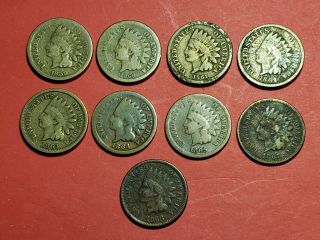 9 Indian Head Cents Pennies 1859,  1860,  1861,  1862,  1863,  1864,  1865,  1867,  1868