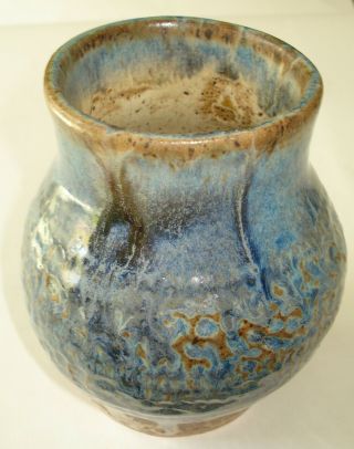 Santander Stoneware Pottery Vintage Round Vase Glazed Blue Brown Signed