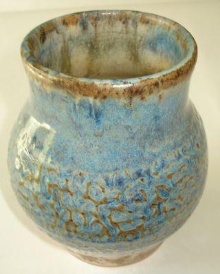 Santander Stoneware Pottery Vintage Round Vase Glazed Blue Brown Signed 2