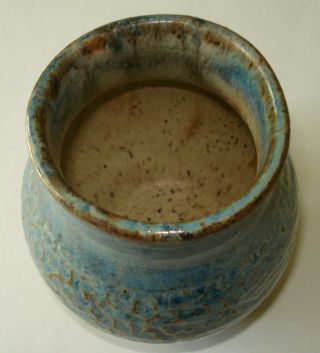 Santander Stoneware Pottery Vintage Round Vase Glazed Blue Brown Signed 3