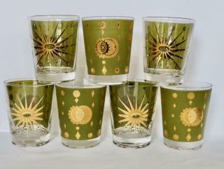 7 Mcm Fred Press Atomic Age Starburst Tumblers 4.  5 " Green Gold Cocktail Glass