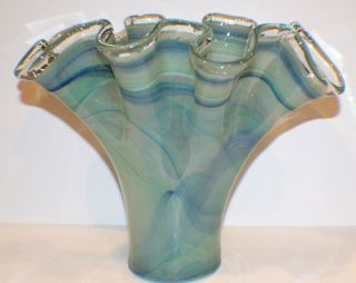 Stunning Large Murano Art Glass Beautifully Shaped Blue & Green Swirl 11 " Vase