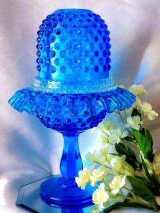 Fenton Sapphire Blue Hobnail 3 Pc Pedestal Fairy Light/lamp