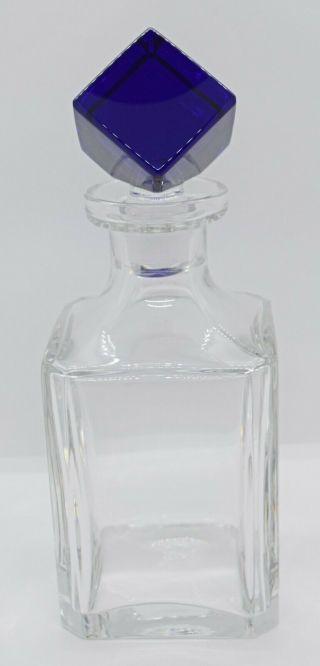 Riedel Clear Square Decanter W/ Cobalt Blue Cube Stopper 10 1/2 " Signed