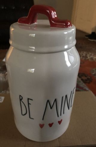 Rae Dunn Valentines Day Ll " Be Mine " 8 " Canister With Hearts & Red Handle