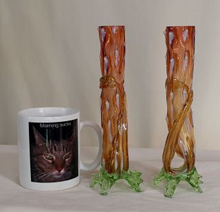 Bohemian Thorn Vases,  Uranium Glass Base,  Opalescent Thorns Ca.  1900,  8 "