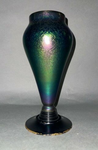 Old Bohemian Loetz Iridescent Stretch Art Glass Vase W Wood Base 10.  5 "