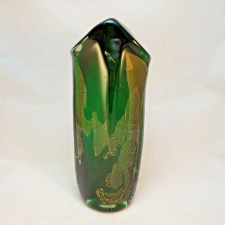 The Glass Eye Studio Art Glass Emerald Green W/gold 10.  75 " Vase 1991