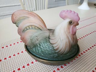 Fenton Glass Rooster Hen On Nest Candy Dish Or Box.  Multi Color